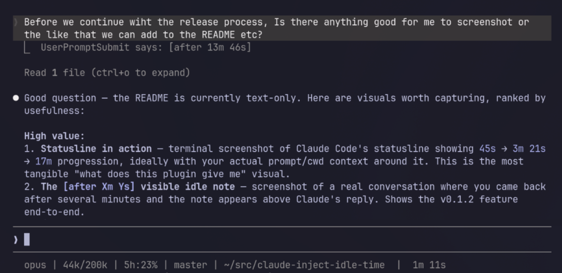 Claude Code session showing the idle-timing statusline counter and an '[after 5m 2s]' note after returning from idle